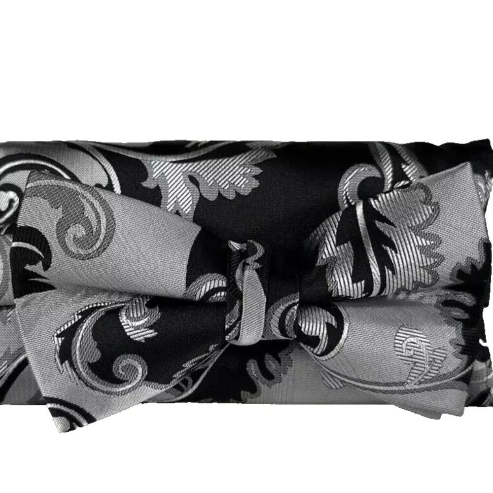 Stacy Adams Men's Bow Tie Hanky Silver Black Charcoal Gray Floral 2.5" Wide